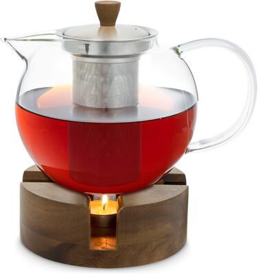 Л) - Чайник з ситечком для чаю з нержавіючої сталі - Скляний глечик для чайника з кришкою та елегантною дерев'яною ручкою (з дерев'яною грілкою, 1,3 л), 1,8