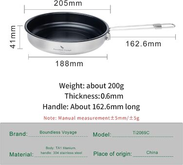 Безмежна подорож 22,8 см/1,5 л Кемпінгова сковорода для газової плити Титанова сковорода Ультралегкий похідний посуд Сковорода-гриль для приготування яєчного стейка, Ti2070C (18,8 см-1 л)