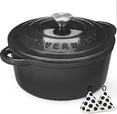 Чавунна форма для запікання Overmont Enamel - 26 см, придатна для використання в духовці, з кришкою та кулінарною книгою - для випікання, тушкування, запікання, білого кремового кольору (26 см-5,2 л, графітово-сірий)