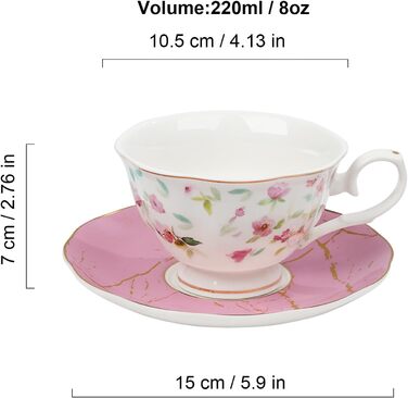 Чайні чашки з блюдцями fanquare з квітковим візерунком, набір з 6 шт. , різноманітні пастельні квіткові порцелянові кавові чашки з золотим обідком, придатні для миття в посудомийній машині та заморожування (рожеві та зелені)