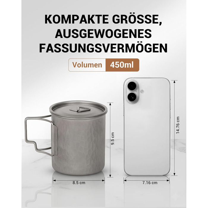 Туристическая кружка из титана с крышкой и складной ручкой 450 мл COOK'N'ESCAPE