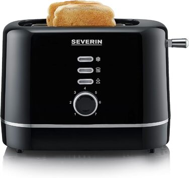 Автоматичний тостер SEVERIN, маленький тостер на 2 скибочки, якісний чорний тостер для підсмажування, розморожування та розігріву, 850 Вт, чорний, AT 4321 чорний / сріблястий