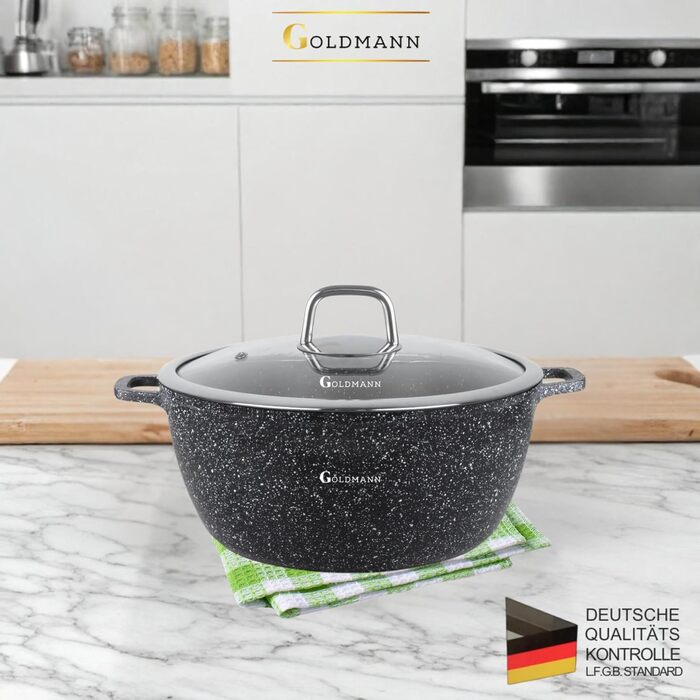 Каструля/горщик GOLDMANN з антипригарним покриттям та скляною кришкою, 6,5 л, мармурове керамічне покриття, для всіх варильних поверхонь, екологічно чиста (24 см)
