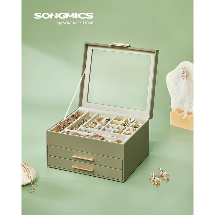 Скринька органайзер для ювелірних виробів 3-рівнева авокадо-зелений SONGMICS