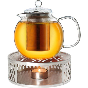 Чайник из стекла Creano 1,3 л, стеклянный чайник из 3 частей со встроенным ситечком из нержавеющей стали и стеклянной крышкой, идеально подходит для приготовления рассыпного чая, без капель, все в одном (0,85 л подогреватель)