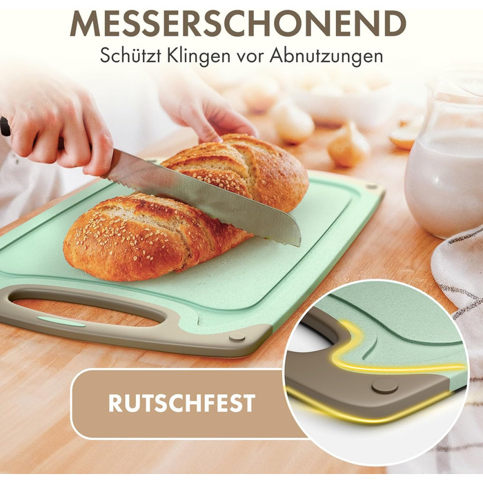 Набір обробних дощок Blumtal 3 розміри (S/M/L) - Велика пластикова обробна дошка з пазами для соку та ручкою - Міцна кухонна обробна дошка без BPA (зелена, комплект з 3 предметів)