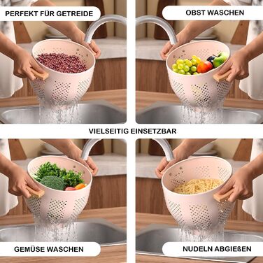 Металеве сито для пасти з дерев&39яною ручкою та стабільною основою, велике кухонне сито 22 см для пасти, овочів та фруктів, міцне кухонне сито (рожеве)