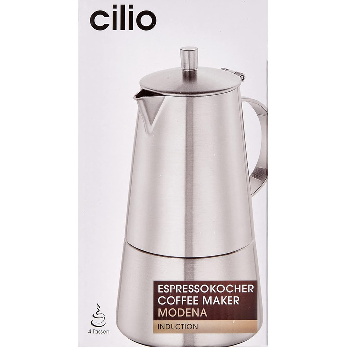 Кавоварка Cilio Espresso MODENA, Нержавіюча сталь, Підходить для всіх типів плит, Ø 8.5 см, Можна мити в посудомийній машині, Мокко, Кавоварка для еспресо, Кемпінгова кавоварка (4 чашки (Упаковка з 2 шт. ))