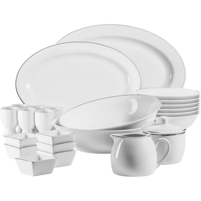 Професійний набір обідніх тарілок на 6 персон у білому кольорі з порцеляною з 12 предметів (срібний обідок, набір аксесуарів), 931533