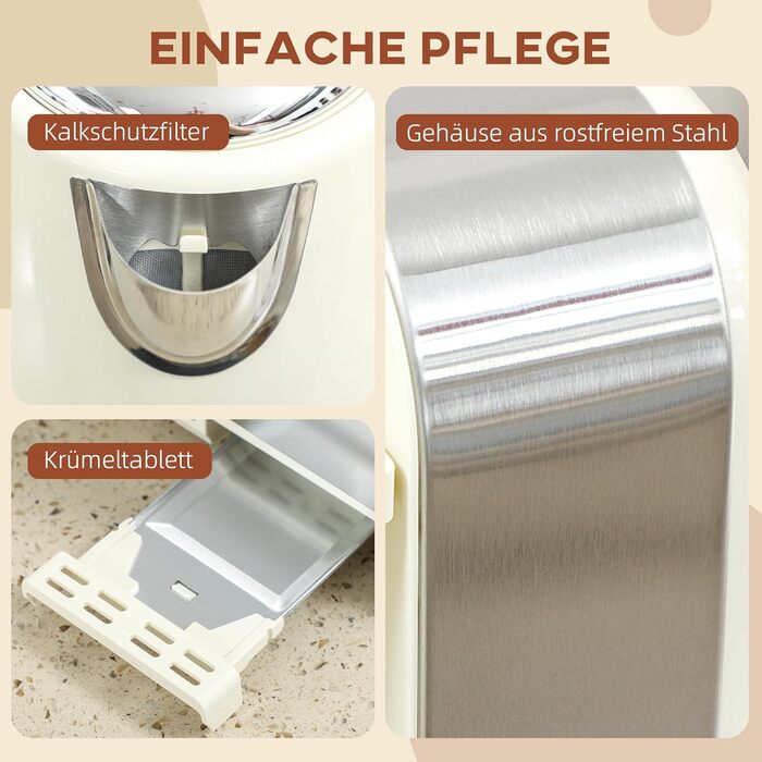 Набір тостерів HOMCOM Kettle, набір для сніданку з нержавіючої сталі з тостером на 4 скибочки, чайник 1,7 л, 2200 Вт, 7 рівнів підрум&39янення, піддон для крихт, розморожування, розігрівання та термостат Strix, вершки