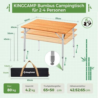 Складний бамбуковий стіл для кемпінгу 65 x 50 см KingCamp