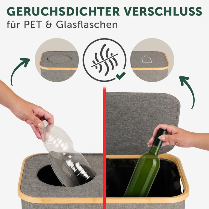 Контейнер для збору порожніх пляшок Blumtal 150 л з 2 відділеннями - Органайзер для порожніх пляшок з бамбука - Збірник порожніх пляшок - Збірник порожніх пляшок - Контейнер для збору порожніх пляшок з отвором - Збірник сірого кольору - 150 л