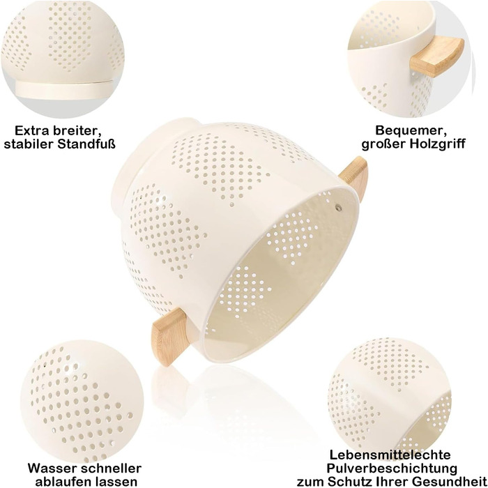 Металеве сито для пасти з дерев&39яною ручкою та стабільною основою, велике кухонне сито 22 см для пасти, овочів та фруктів, міцне кухонне сито (кремового кольору)