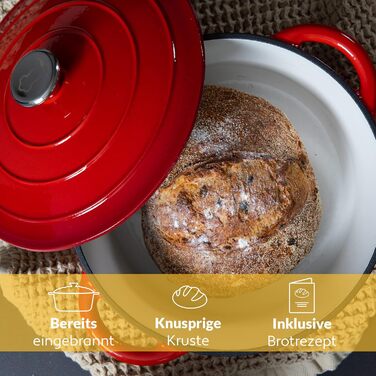 Чавунна каструля Chefarone 24 см, Емальована каструля з кришкою для випікання хліба, тушкування та запікання Хлібна каструля, сумісна з індукцією (червона, 4,7 л)