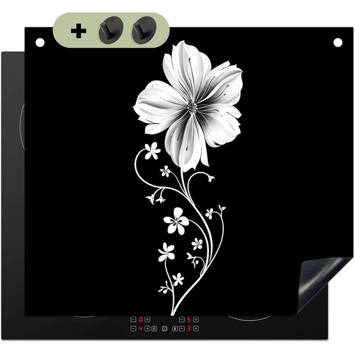 Фартух для плити, кухонний фартух, вініл, 78x52 см, декор для кухні, облицювання стіни, кришка для плити - сіро-чорна (квітка - чорна, 52Д x 60Ш см)