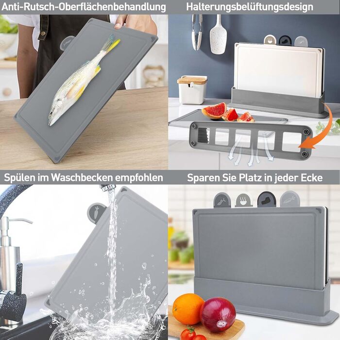 Набір обробних дощок BOCHION, пластикові дошки з іконками продуктів та піддоном, нековзні та без BPA, антибактеріальні дошки для риби, овочів, фруктів, мяса, хліба (набір з 4, чорний, білий, сірий)