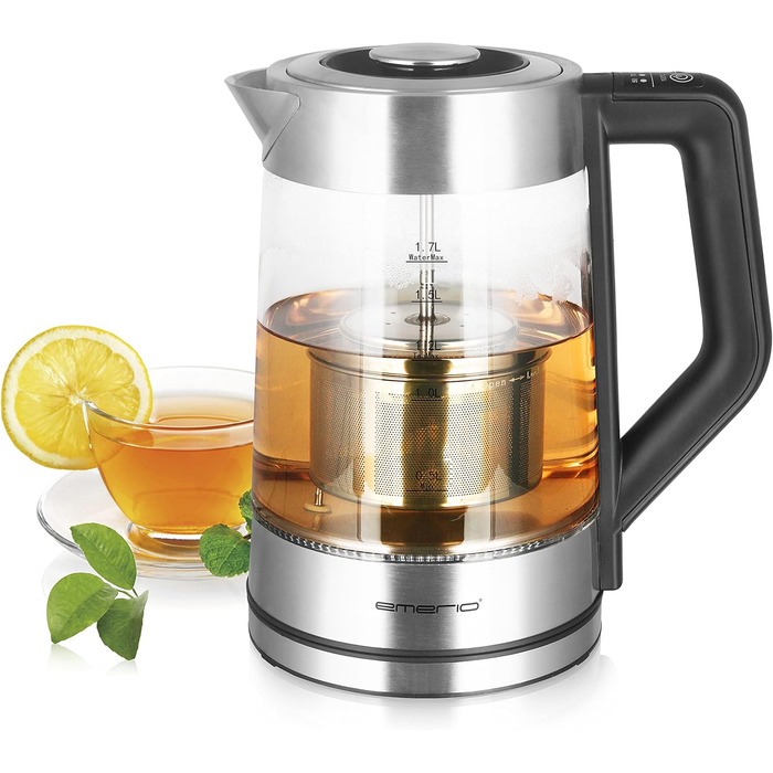 Скляний чайник Emerio WK-122248 ПЕРЕМОЖЕЦЬ ТЕСТІВ з повністю автоматичним чайним ситечком 1.3 класу, боросилікатне скло, без BPA, об&39єм 1.7 л, вибір температури, 2200 Вт, чорний/срібний (ручний)