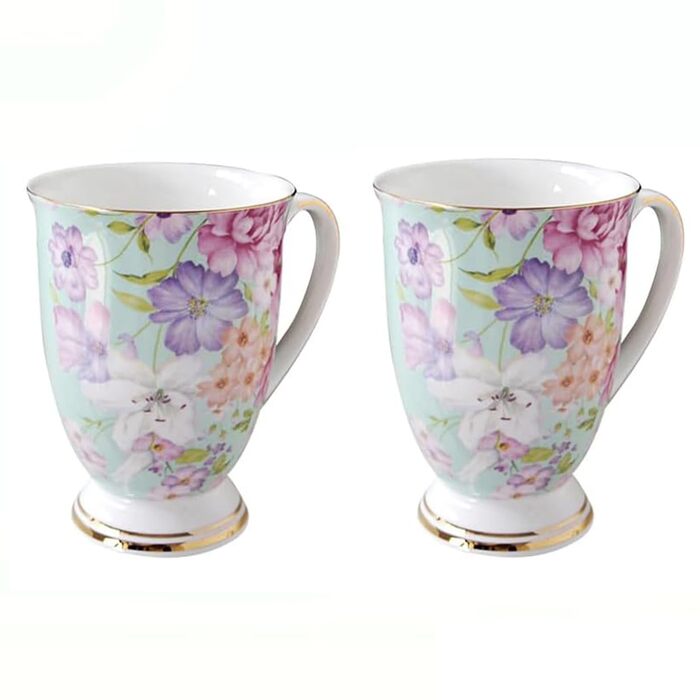 Набір із 2 порцелянових кавових кухлів, квітковий візерунок, 300 мл, кістоподібні, у формі підборіддя, з ручкою для кави, чаю, молока, капучино (C)