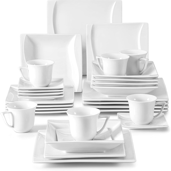 Серія Amparo, 30 шт. Кремово-білий порцеляновий столовий сервіз з кавовим сервізом, десертна тарілка, супова тарілка та плоска тарілка на 6 персон (30 шт. (сервіз для 6 осіб), Carina - біла)