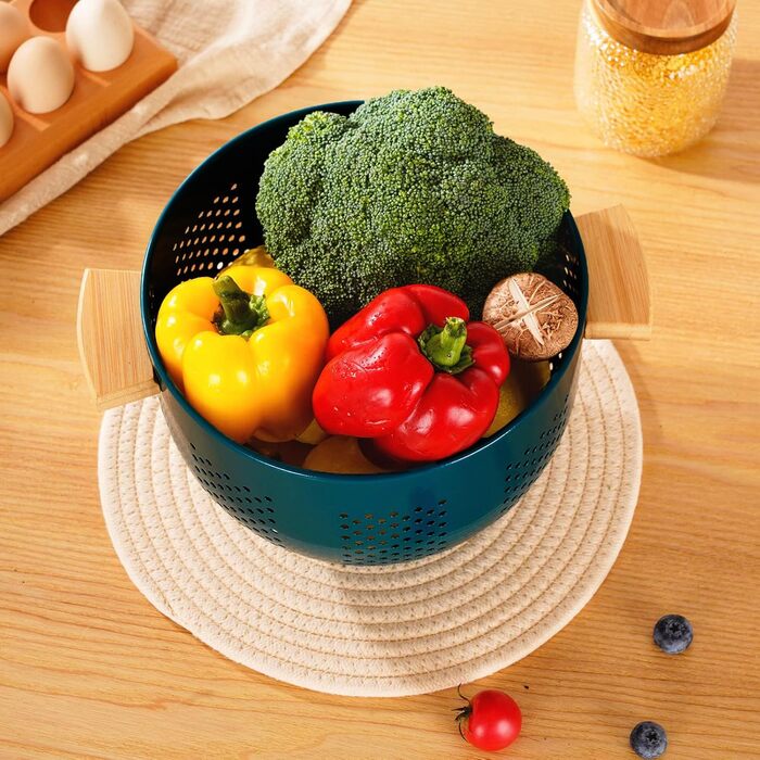 Металеве сито для пасти з дерев&39яною ручкою та стабільною основою, велике кухонне сито 22 см для пасти, овочів та фруктів, міцне кухонне сито (темно-зелене)