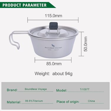 Титанова миска 520 мл Чаша Sierra Bowl Кемпінгова кружка з кришкою та ручкою для підвішування Відкритий горщик Похідний Портативна чашка Посуд Легкий туристичний посуд Набір для приготування їжі Ti1098T (350 мл Ti1097t)