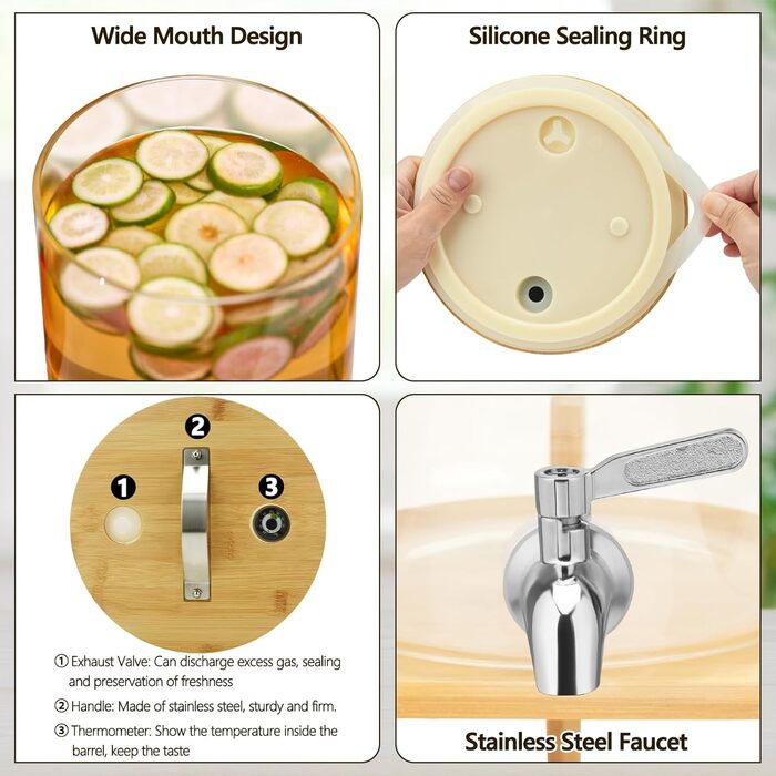 Стеклянный диспенсер для напитков 10 л с бамбуковой крышкой и подставкой Hisredsun