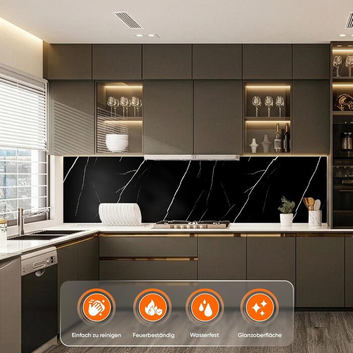 Стінові панелі IZODEKOR під мармур 60x120 см Панель для кухонного фартуха ПВХ-облицювання стін для кухні, ванної кімнати Бризкозахисний екран для кухні Водонепроникний та термостійкий ( панель, чорна блискавка)