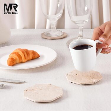 Підставки під чашки з мармуру з підставкою, 8.9 см, з оніксу, ручної роботи, для офісу, напоїв, кави та бару, на обідній стіл, набір з 6 шт. (Травертин)
