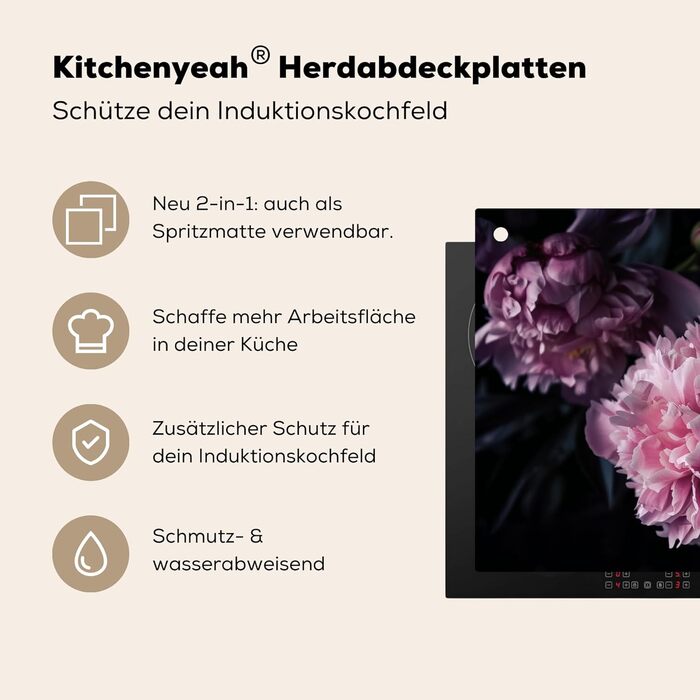 Фартух для плити, кухонний фартух, вініл, 78x52 см, декор для кухні, облицювання стіни, кришка для плити - сіро-чорна (квіти - рожеві, 52Д x 81,2Ш см)