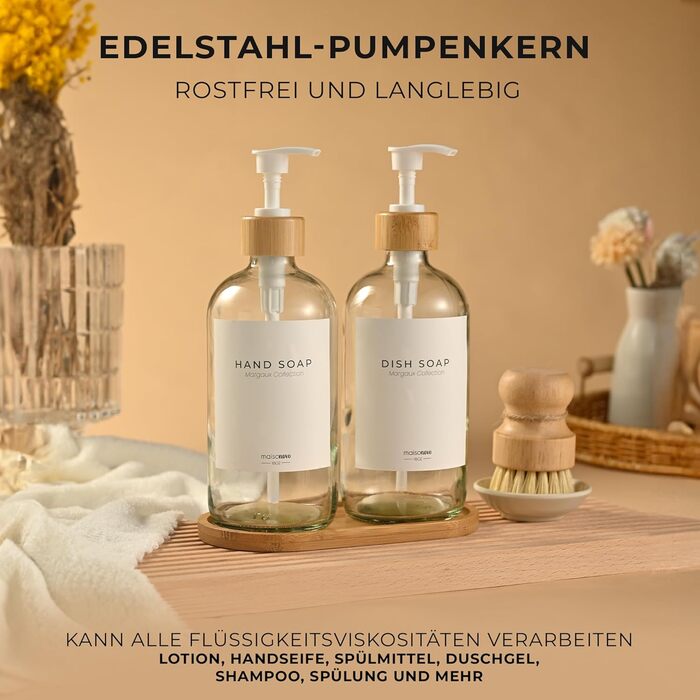 Диспенсер для мила 500 мл, набір 2 предмети на бамбуковій підставці, прозоре скло MaisoNovo