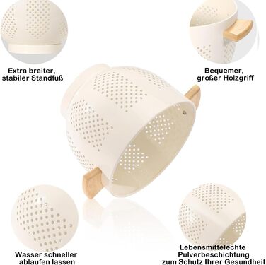 Металеве сито для пасти з дерев&39яною ручкою та стабільною основою, велике кухонне сито 22 см для пасти, овочів та фруктів, міцне кухонне сито (кремового кольору)