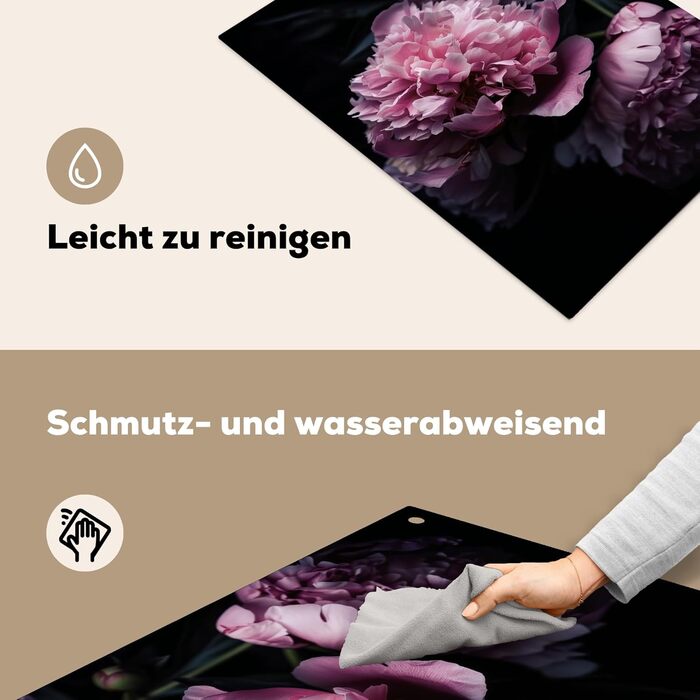 Фартух для плити, кухонний фартух, вініл, 78x52 см, декор для кухні, облицювання стіни, кришка для плити - сіро-чорна (квіти - рожеві, 52Д x 81,2Ш см)