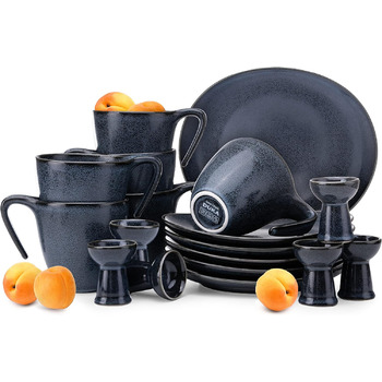Набір посуду для сніданку konsimo 6 персон - TIME BLACK Набір безпечних тарілок для мікрохвильової печі Modern 12 предметів - Сейф для посудомийної машини Твердий порцеляновий сервіз - Миски для тарілок для сніданку 12 шт. (Чорний / Графітовий / Темно-син