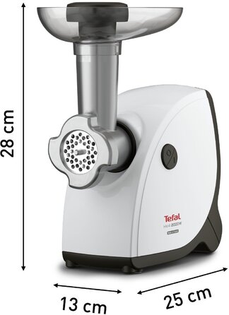 Tefal М'ясорубка HV4, 2000Вт, 2.3кг/хв, 3 решітки, насадка для ковбас, кеббе, томатів, пластик, біло-чорний NE463138