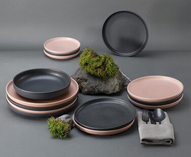 Серія Uno набір посуду з 16 предметів, комбінований набір з кераміки (троянда чорний, столовий сервіз 8 предметів), 22978