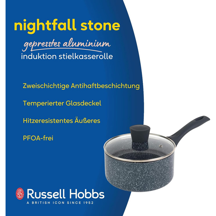 Каструля Russell Hobbs RH00845EU з антипригарним покриттям - 18 см/2 л з кришкою із загартованого скла, індукційна каструля, каструля для овочів/бульйону з бакелітовою ручкою та термостійким зовнішнім покриттям, каструля для приготування Nightfall Stone 1