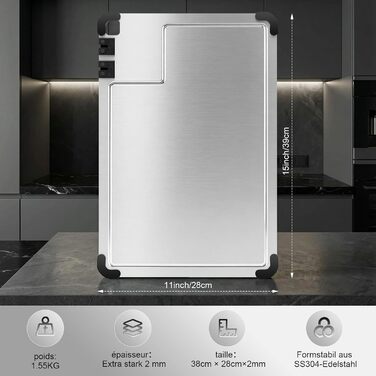 Разделочная доска из нержавеющей стали 38 x 28 см с точилкой для ножей и силиконовыми уголками Bafeil