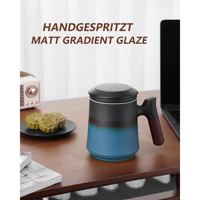 Чайна кружка з кришкою і ситечком, 500 мл велика дерев'яна кружка з градієнтним рельєфним візерунком, матові керамічні чашки з ситечком для чайних подарунків, чорно-зелені (01-чорно-сині)