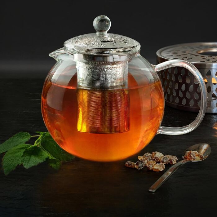 Стеклянный чайник Creano 1,3 л, стеклянный чайник из 3 частей со встроенным ситечком из нержавеющей стали и стеклянной крышкой, идеально подходит для приготовления чая на разлив, без капель, все в одном (1,7 л)