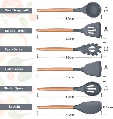Набір кухонного посуду Herogo, набір силіконового кухонного посуду, посуд з антипригарним шпателем Turner Spoon з дерев'яною ручкою, термостійкі кухонні інструменти для посуду з антипригарним покриттям, легко чистяться (сірий, 6)