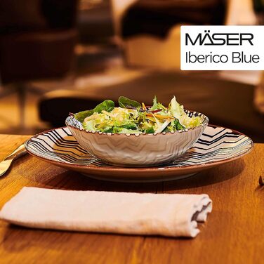 Обеденный сервиз из 12 предметов на 4 персоны в мавританском стиле, набор тарелок с различными винтажными узорами в белом и синем цветах, керамогранит, 934017 Iberico Blue