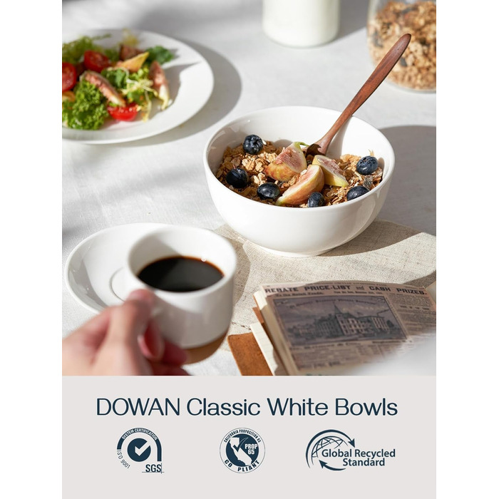 Большие суповые миски DOWAN, миски для хлопьев 1100 мл, белые сервировочные миски, 18 см, штабелируемые керамические миски для кухни, набор мисок для пасты, 4 упаковки из небьющейся керамики (600 мл, белый набор из 4 шт.)