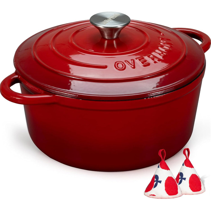 Чавунна форма для запікання Overmont Enamel - 26 см, придатна для використання в духовці, з кришкою та кулінарною книгою - для випікання, тушкування, запікання, білого кремового кольору (28 см-6,6 л, червоного кольору)