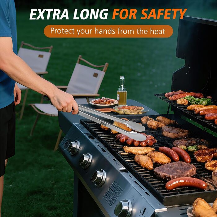 Щипці для гриля HOTEC з нержавіючої сталі з термостійкою силіконовою ручкою, металеві щипці, що замикаються, нековзне покриття, 23 см та 30,5 см (чорні) (чорні)