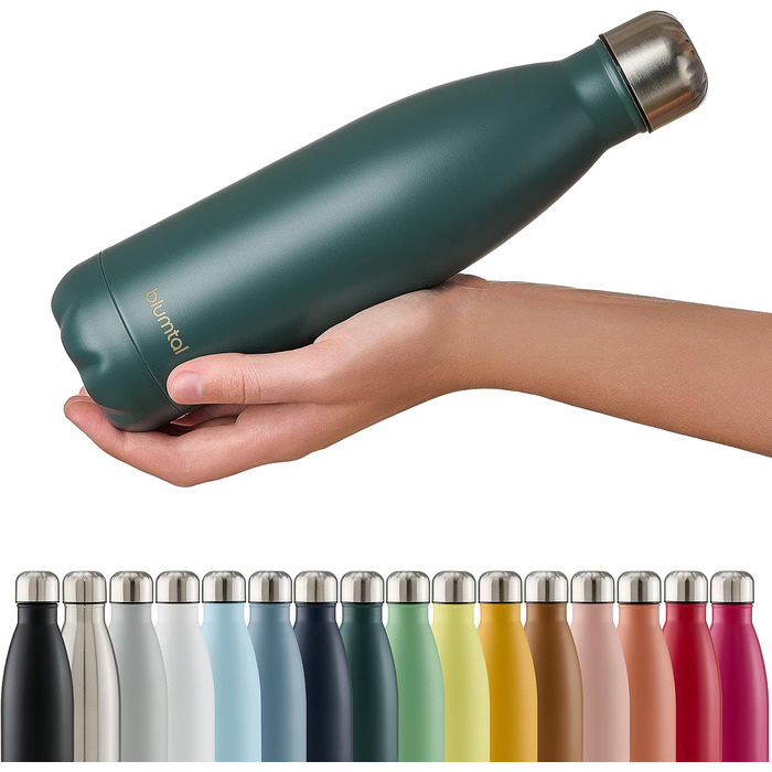 Пляшка для води Blumtal з нержавіючої сталі - Герметична ізольована пляшка - Пляшка для води без бісфенолу А для гарячих та холодних напоїв - Двостінна ізольована пляшка - Ізоляційна пляшка, стійка до іржі, дерево/срібло (09 - темно-зелений, 500 мл)