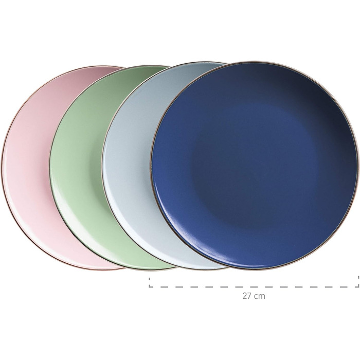 Металевий обідок, сучасний набір посуду для 4 осіб з латунним обідком, комбінований набір із 16 предметів із безобідковою формою купе, барвистий, керамограніт (пастельно-блакитний), 931871