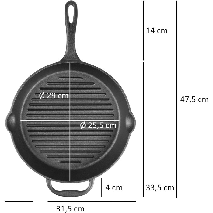 Чавунна сковорода BBQ-Toro Чавунна сковорода-гриль з ручкою, ручкою і двома носиками, ребриста Чавунна сковорода-гриль, сковорода барбекю, сковорода, чавунна сковорода, чавунна сковорода (Ø 29 см)