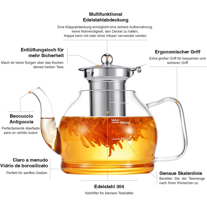Скляний чайник, чайник із ситечною вставкою, чайний сервіз з боросилікатного скла, скляний чайник, скляний чайник із ситечною вставкою, чайник із ситечком, заварник із ситечком, заварник для чаю для розсипчастого листя - можна мити в посудомийній машині (