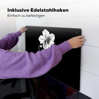 Фартух для плити, кухонний фартух, вініл, 78x52 см, декор для кухні, облицювання стіни, кришка для плити - сіро-чорна (квітка - чорна, 52Д x 71Ш см)