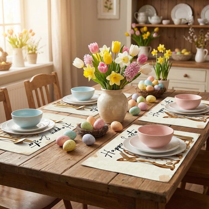 Великодні серветки &quotЩасливого Великодня&quot з коричневим кроликом, набір з 4 шт. , 32x45 см, весняний різдвяний килимок, серветки, що миються, прикраса для кухні-вечірки (коричневий, 32 x 45 см)
